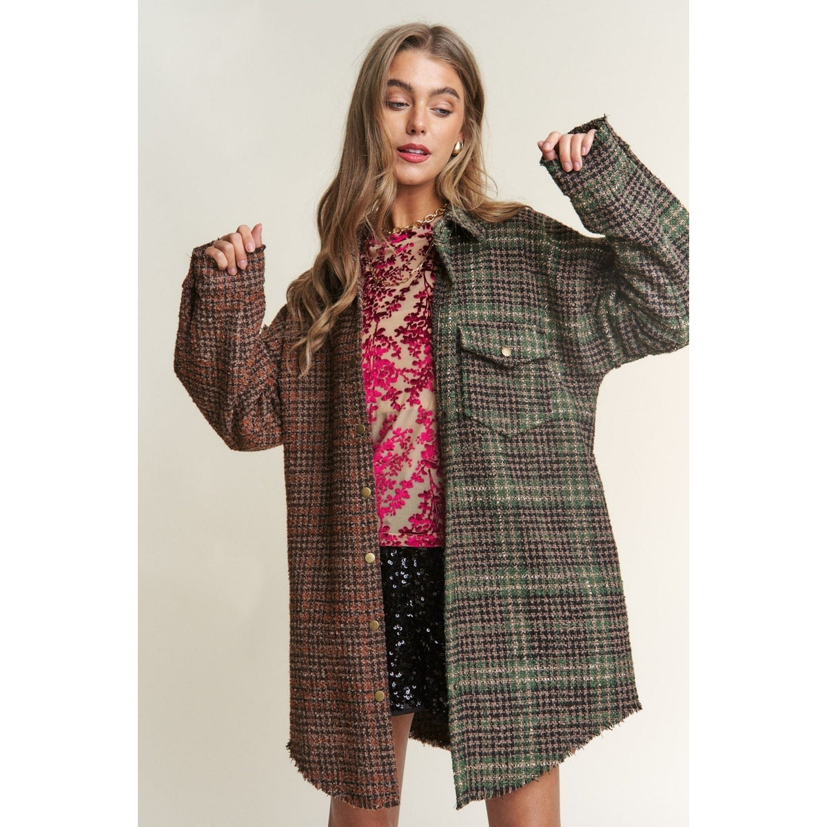 J.NNA Snap Down Tweed Plaid Contrast Longline Shacket