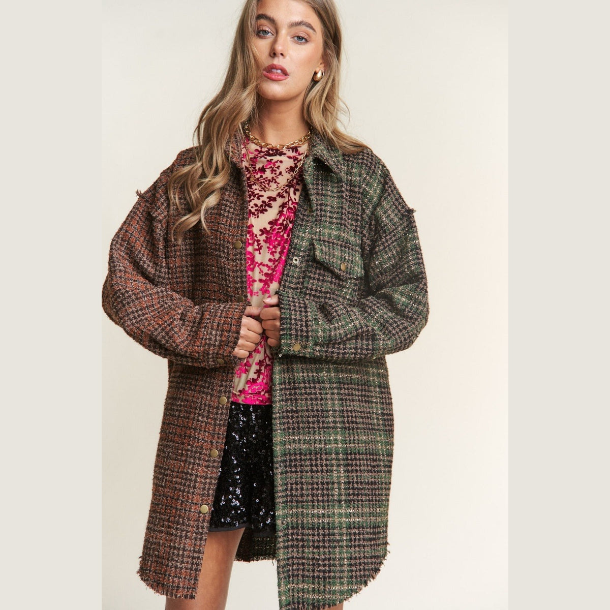 J.NNA Snap Down Tweed Plaid Contrast Longline Shacket