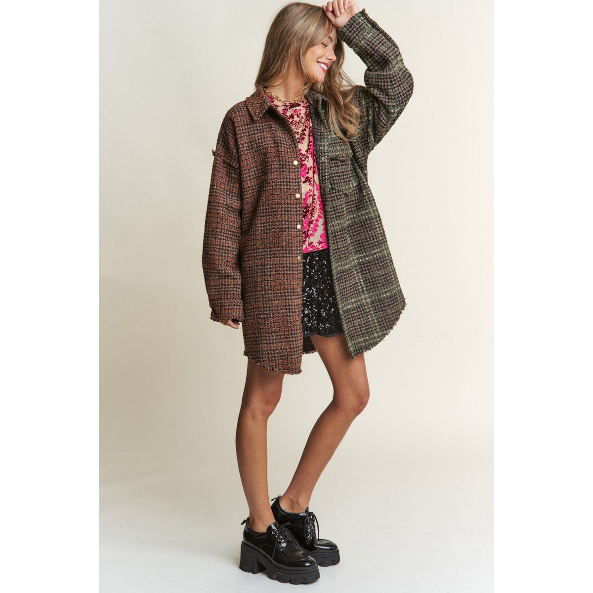 J.NNA Snap Down Tweed Plaid Contrast Longline Shacket