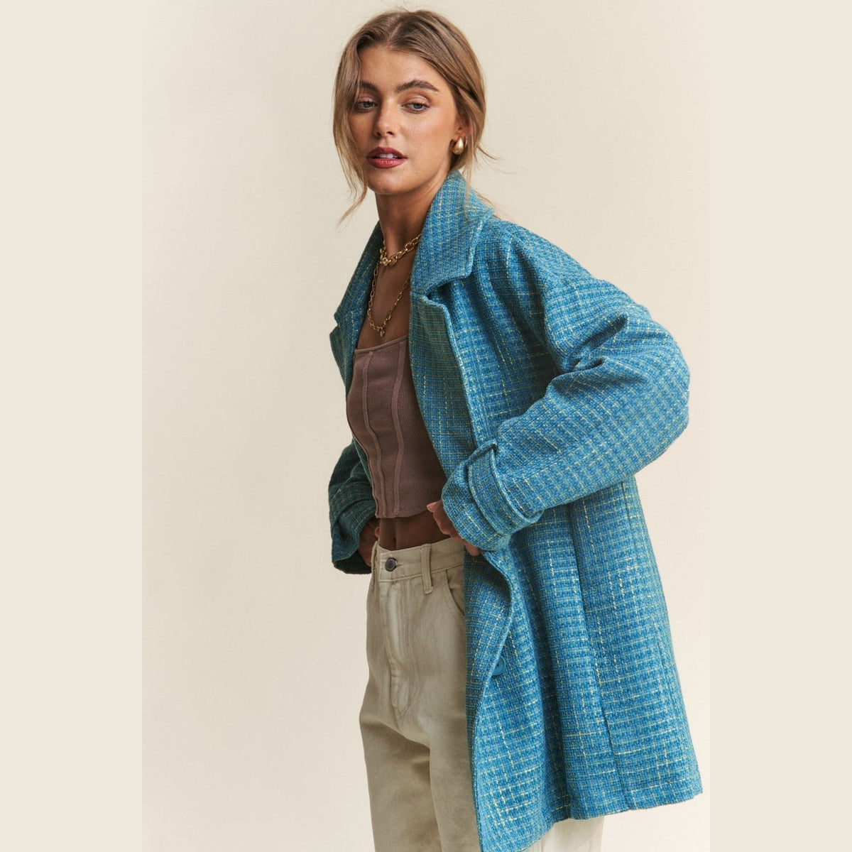 J.NNA Tweed Double-Breasted Long Sleeve Coat