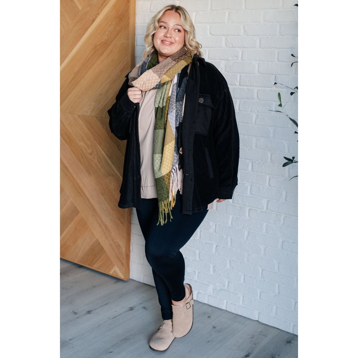 Keep Me Cozy Checkered Fringe Scarf in Woodland Shades