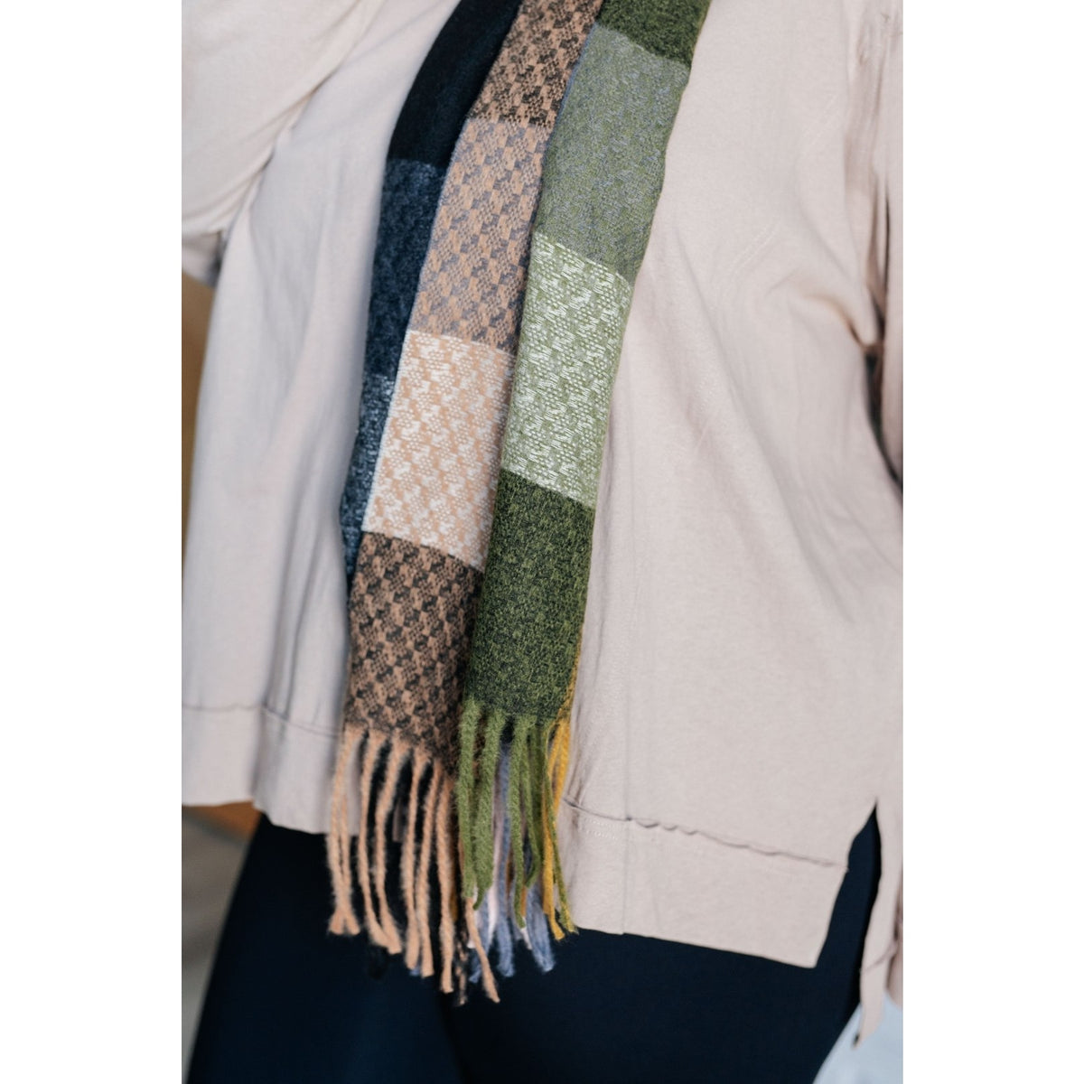 Keep Me Cozy Checkered Fringe Scarf in Woodland Shades