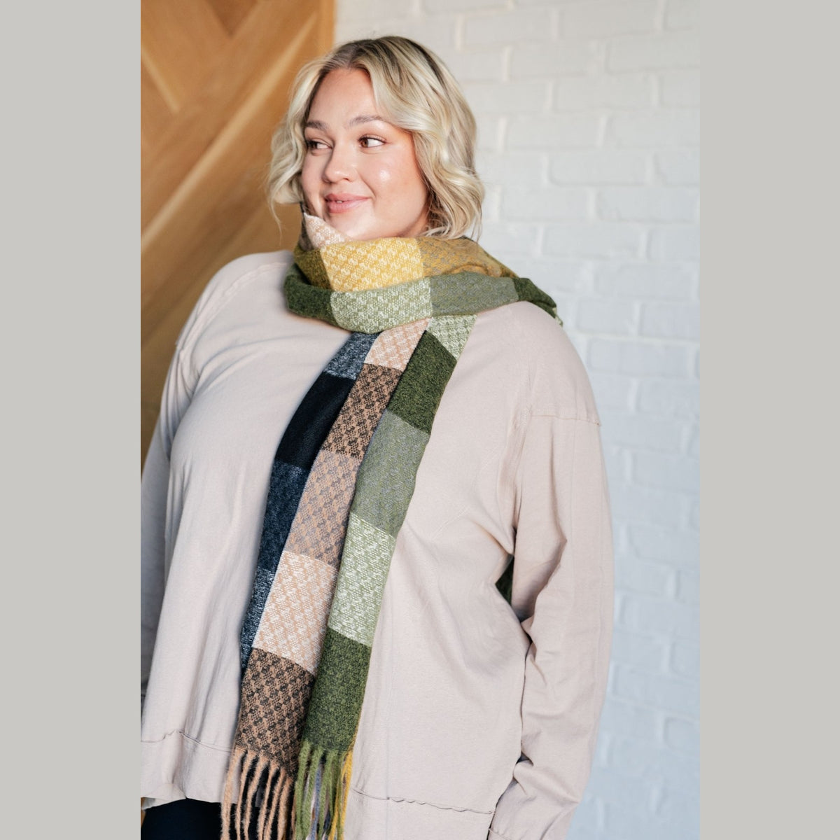 Keep Me Cozy Checkered Fringe Scarf in Woodland Shades