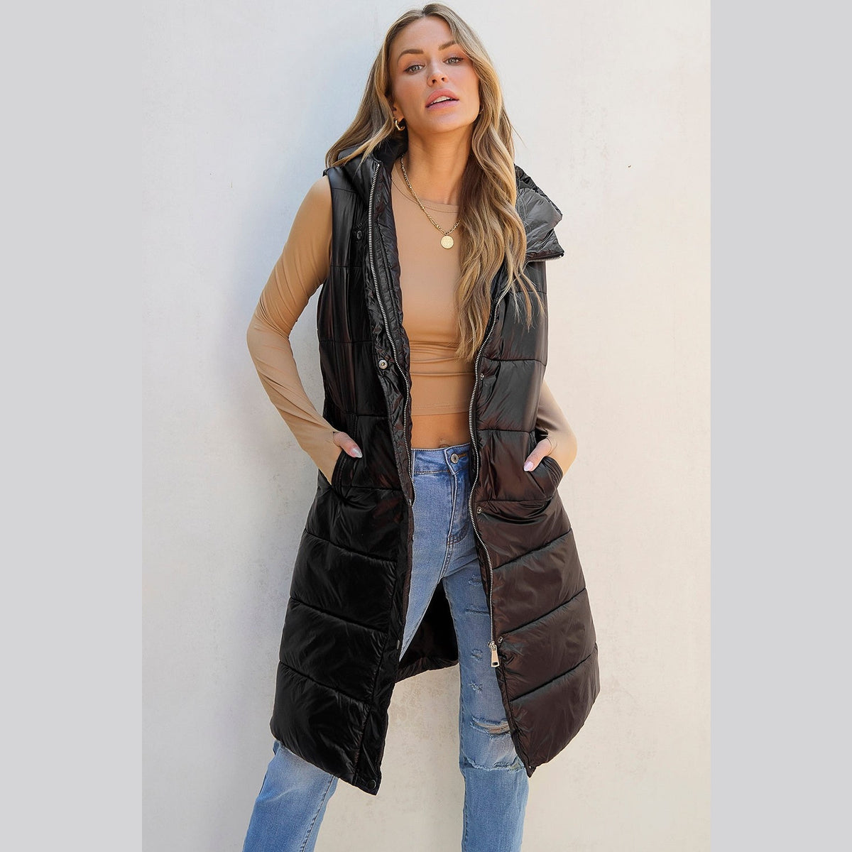 Longline Hooded Sleeveless Puffer Vest