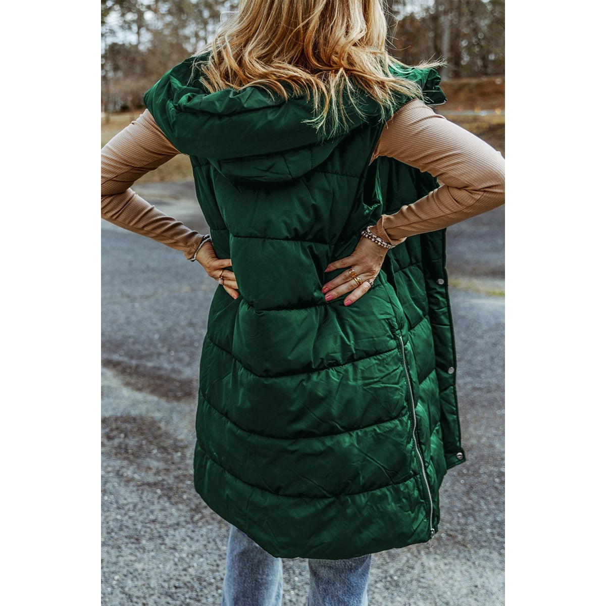 Longline Hooded Sleeveless Puffer Vest