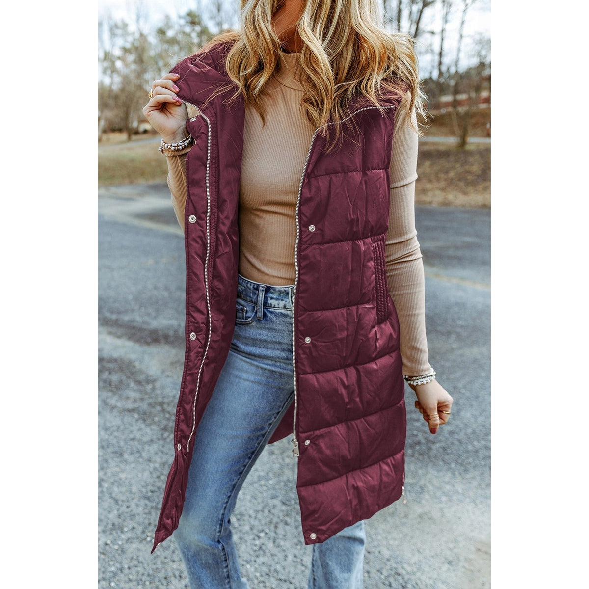 Longline Hooded Sleeveless Puffer Vest