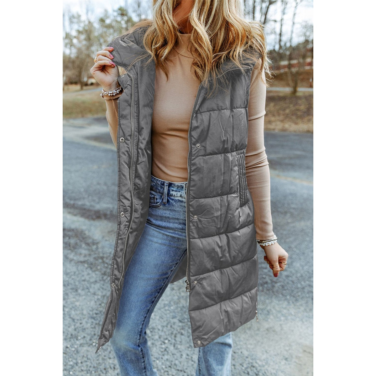 Longline Hooded Sleeveless Puffer Vest