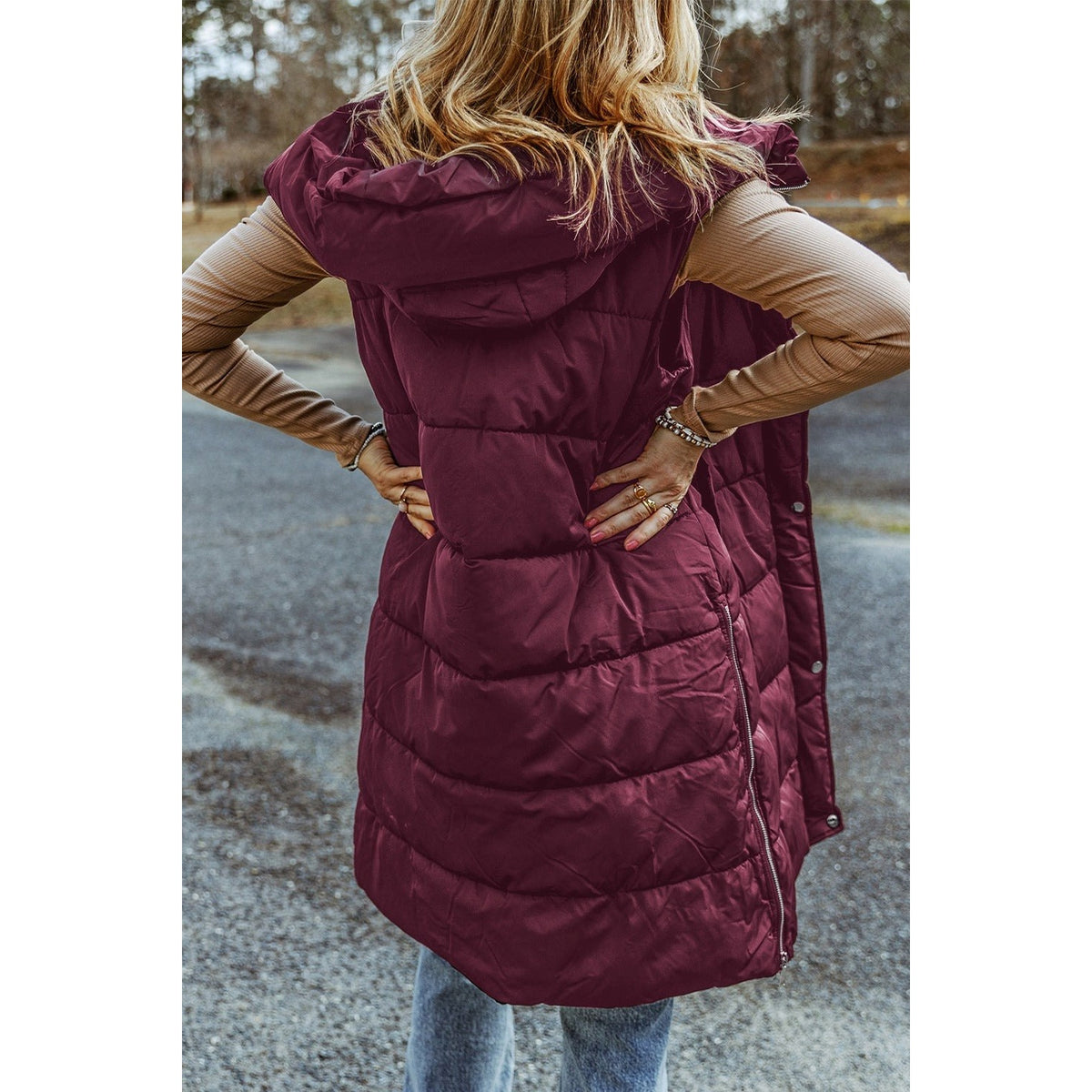 Longline Hooded Sleeveless Puffer Vest