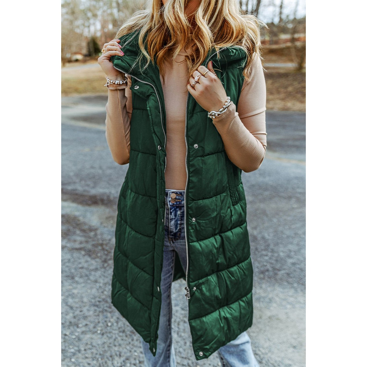 Longline Hooded Sleeveless Puffer Vest