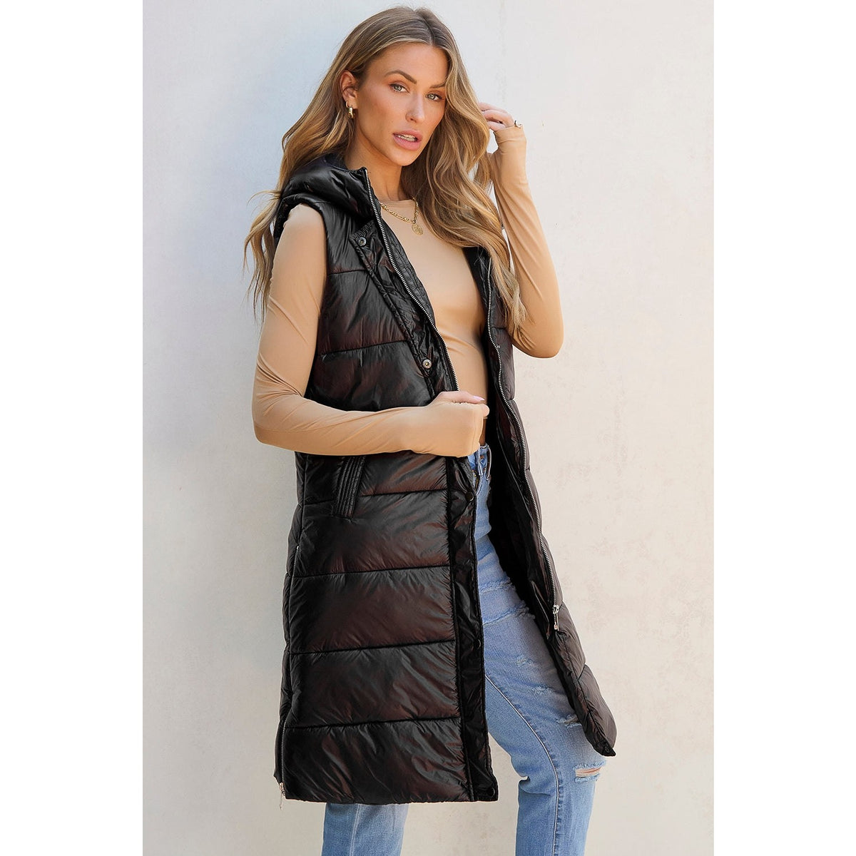 Longline Hooded Sleeveless Puffer Vest