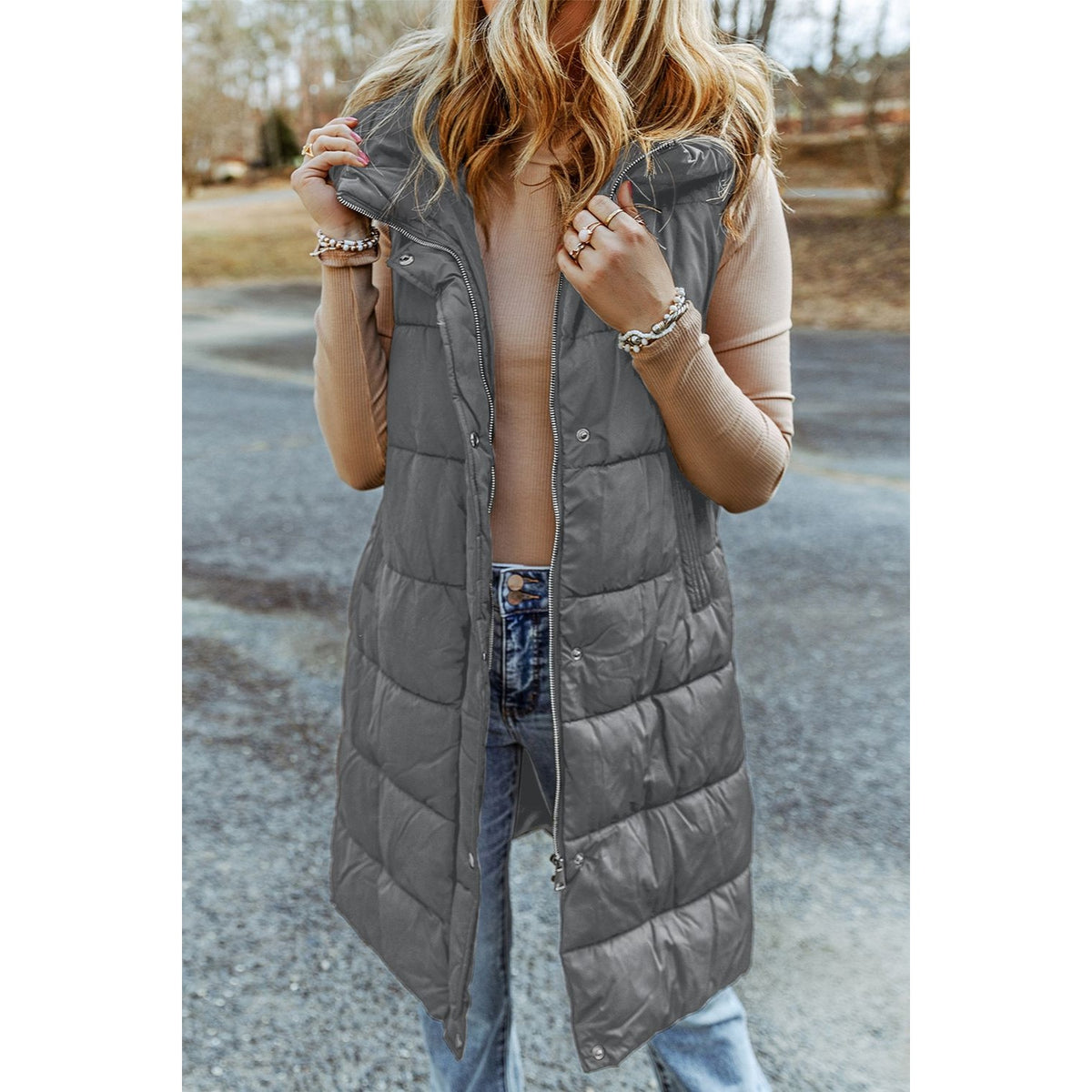 Longline Hooded Sleeveless Puffer Vest