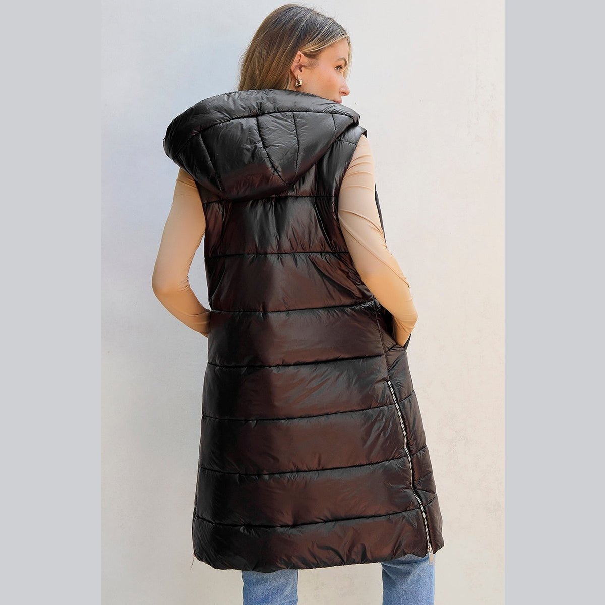 Longline Hooded Sleeveless Puffer Vest