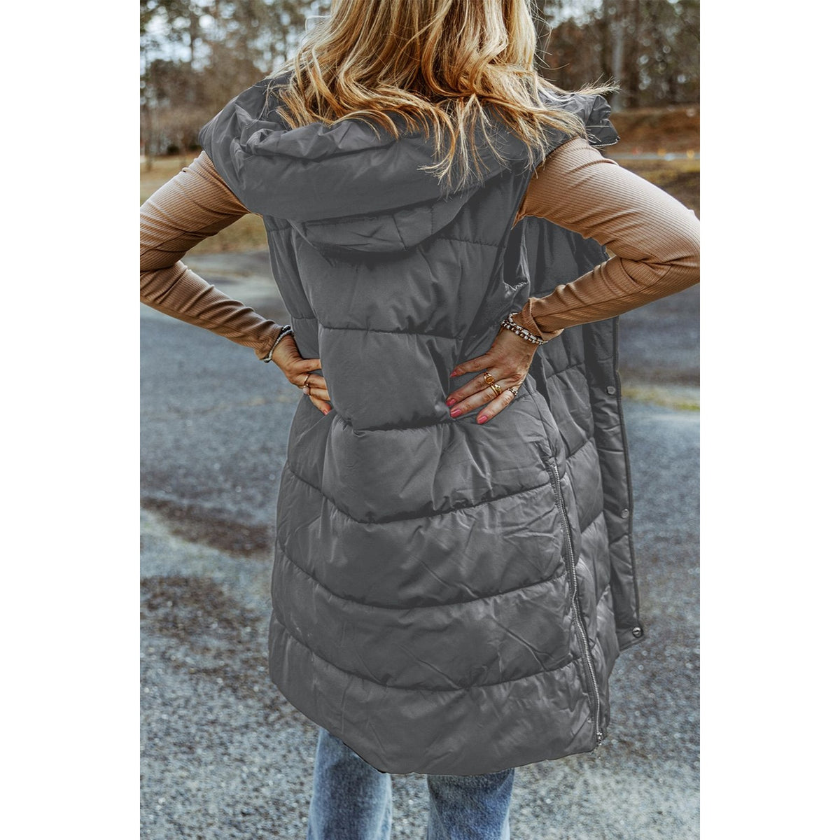 Longline Hooded Sleeveless Puffer Vest