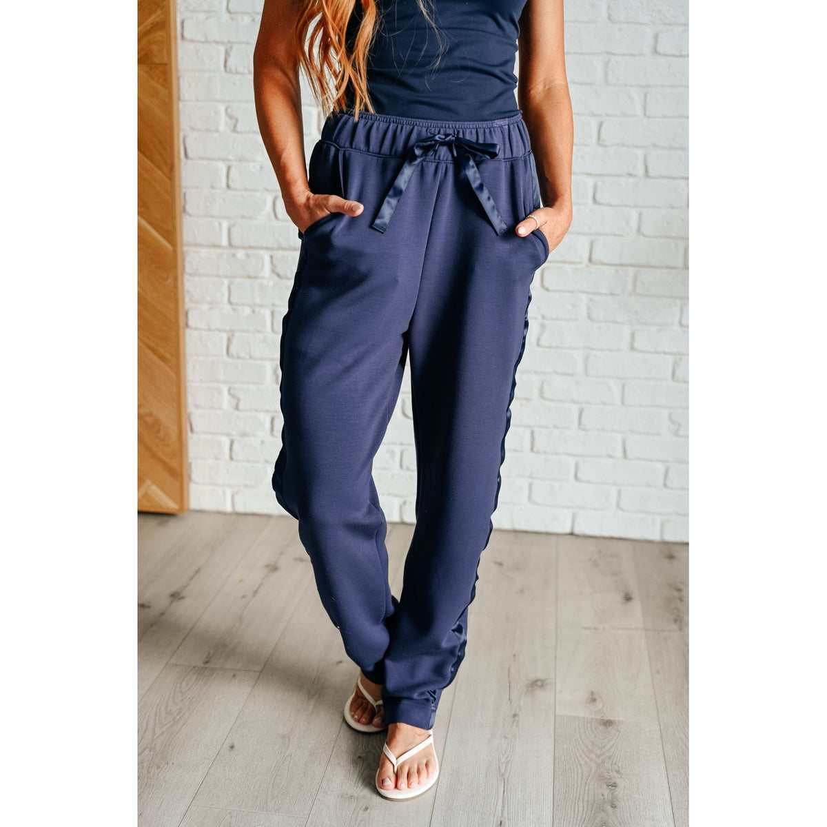 Lysa Satin Stripe Lounge Pants in Smoky Navy