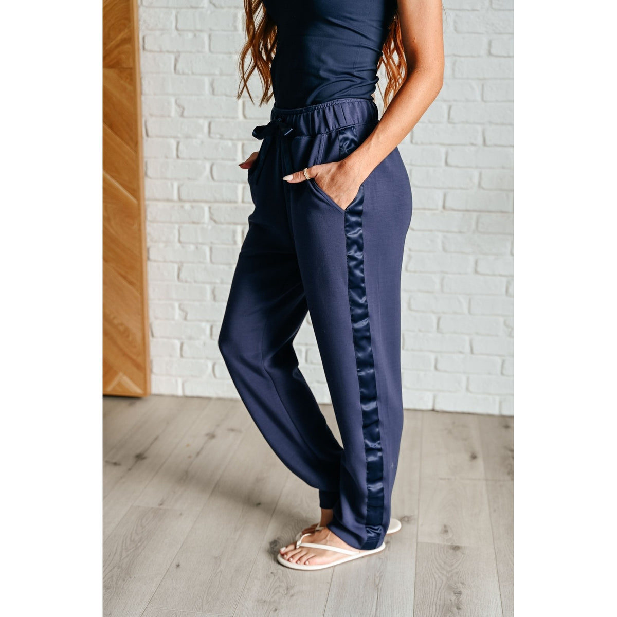 Lysa Satin Stripe Lounge Pants in Smoky Navy