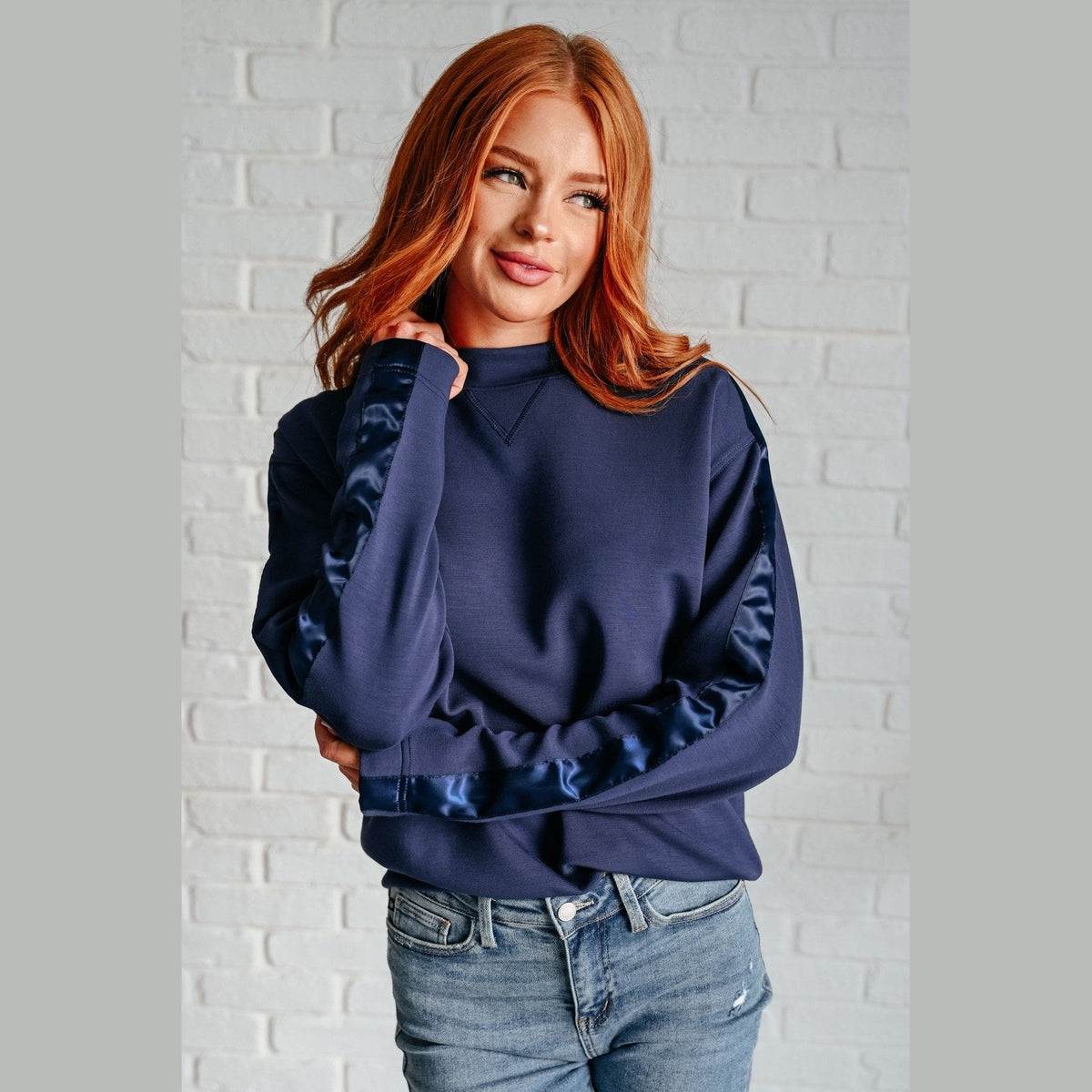 Lysa Satin Stripe Pullover in Smoky Navy