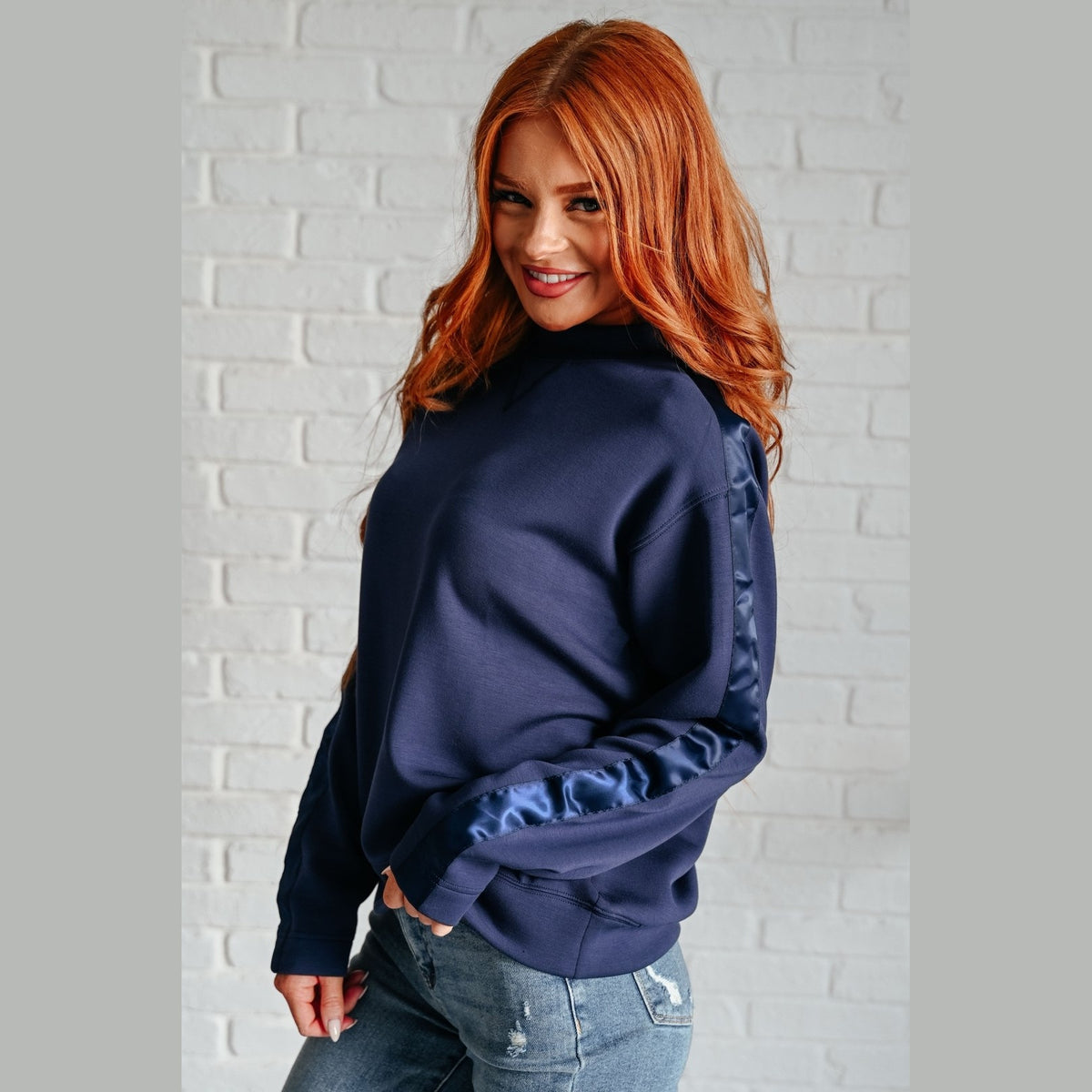 Lysa Satin Stripe Pullover in Smoky Navy