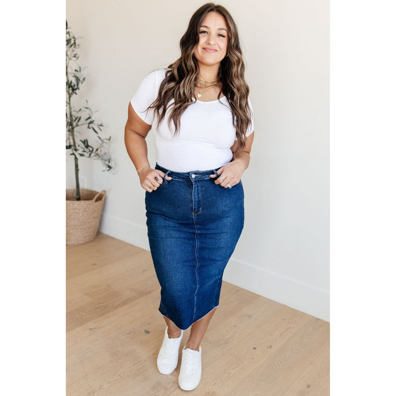 Marcy High Rise Denim Midi Skirt