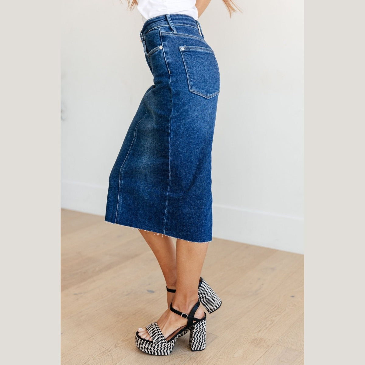 Marcy High Rise Denim Midi Skirt