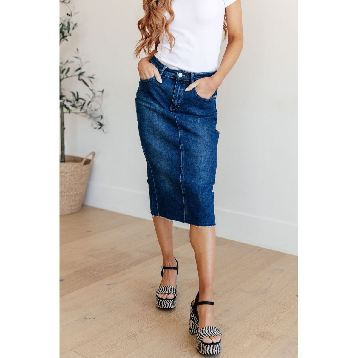 Marcy High Rise Denim Midi Skirt