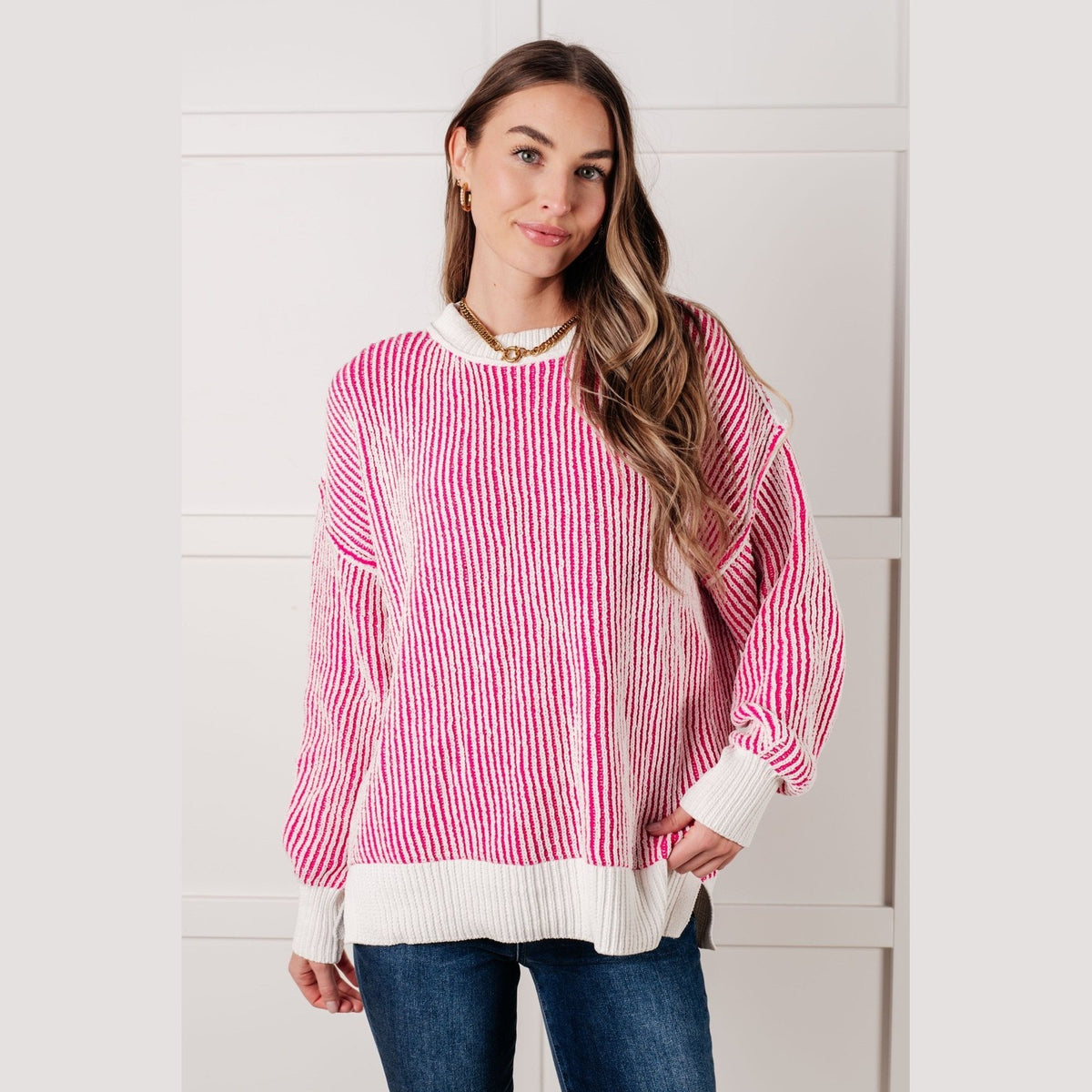 Michelle Contrast Trim Sweater in Pink