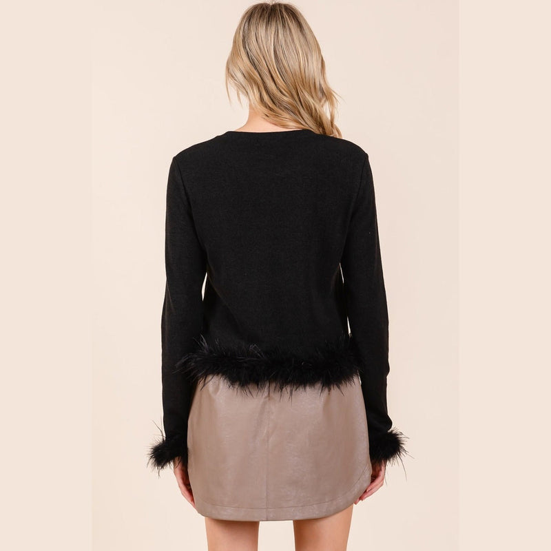 Mittoshop Feather Trim Long Sleeve Crop Hacci Knit Top