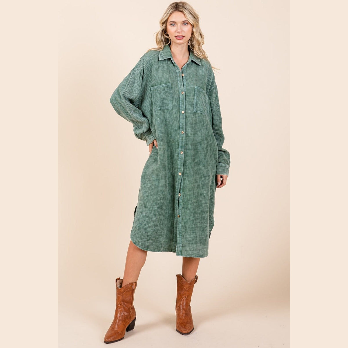 Mittoshop Mineral Wash Cotton Gauze Midi Shirt Dress