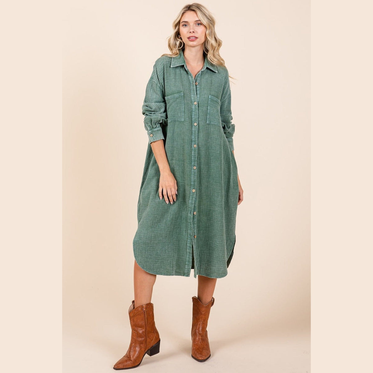 Mittoshop Mineral Wash Cotton Gauze Midi Shirt Dress