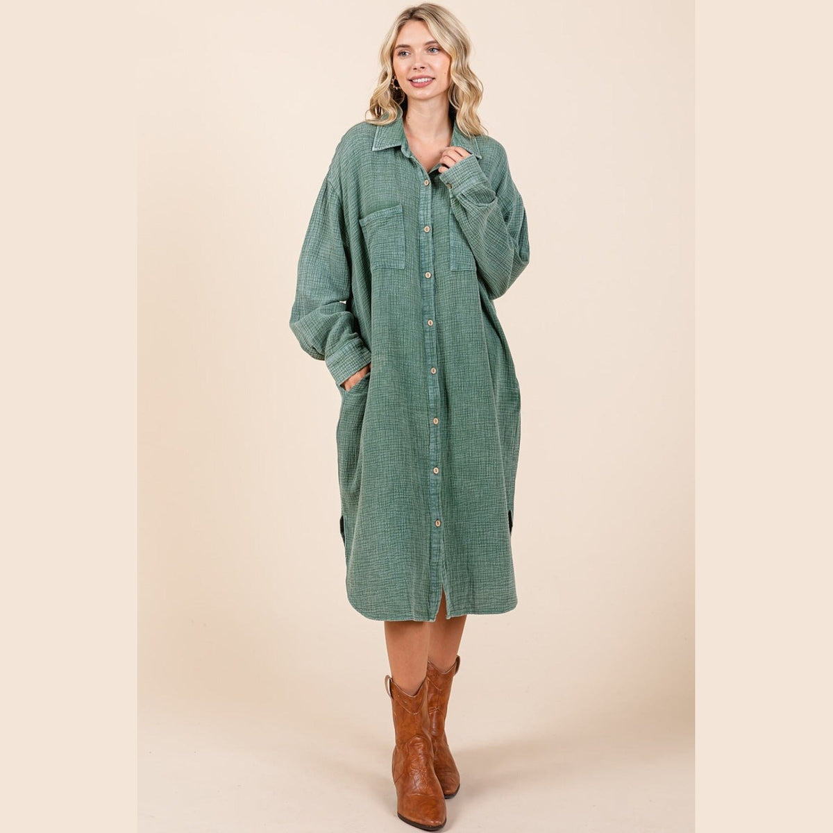 Mittoshop Mineral Wash Cotton Gauze Midi Shirt Dress