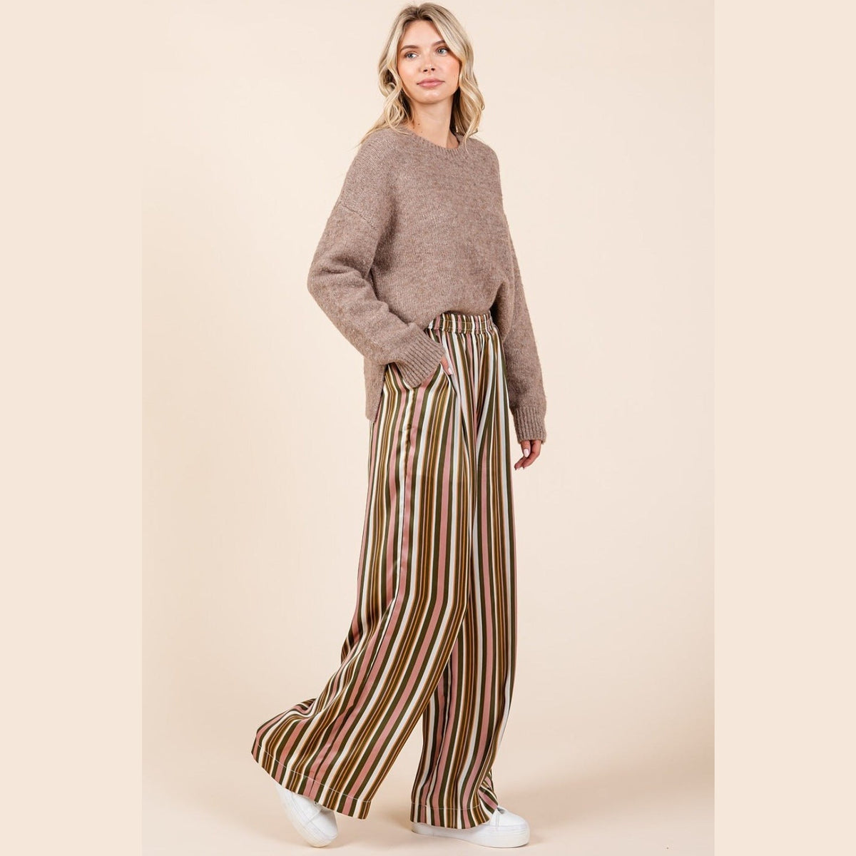 Mittoshop Striped Satin Elastic Waist Wide Leg Pants