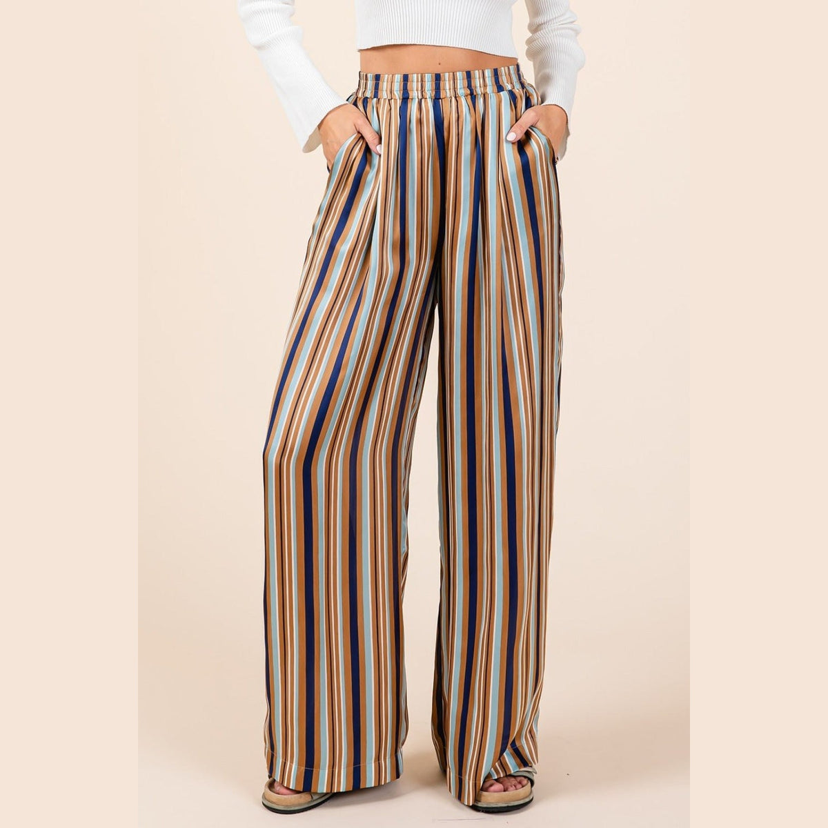 Mittoshop Striped Satin Elastic Waist Wide Leg Pants