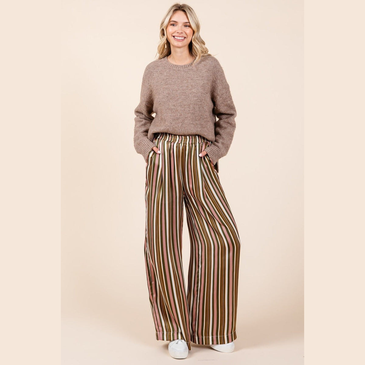 Mittoshop Striped Satin Elastic Waist Wide Leg Pants