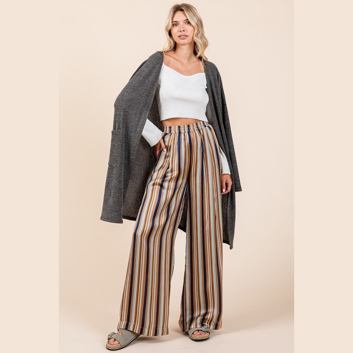 Mittoshop Striped Satin Elastic Waist Wide Leg Pants