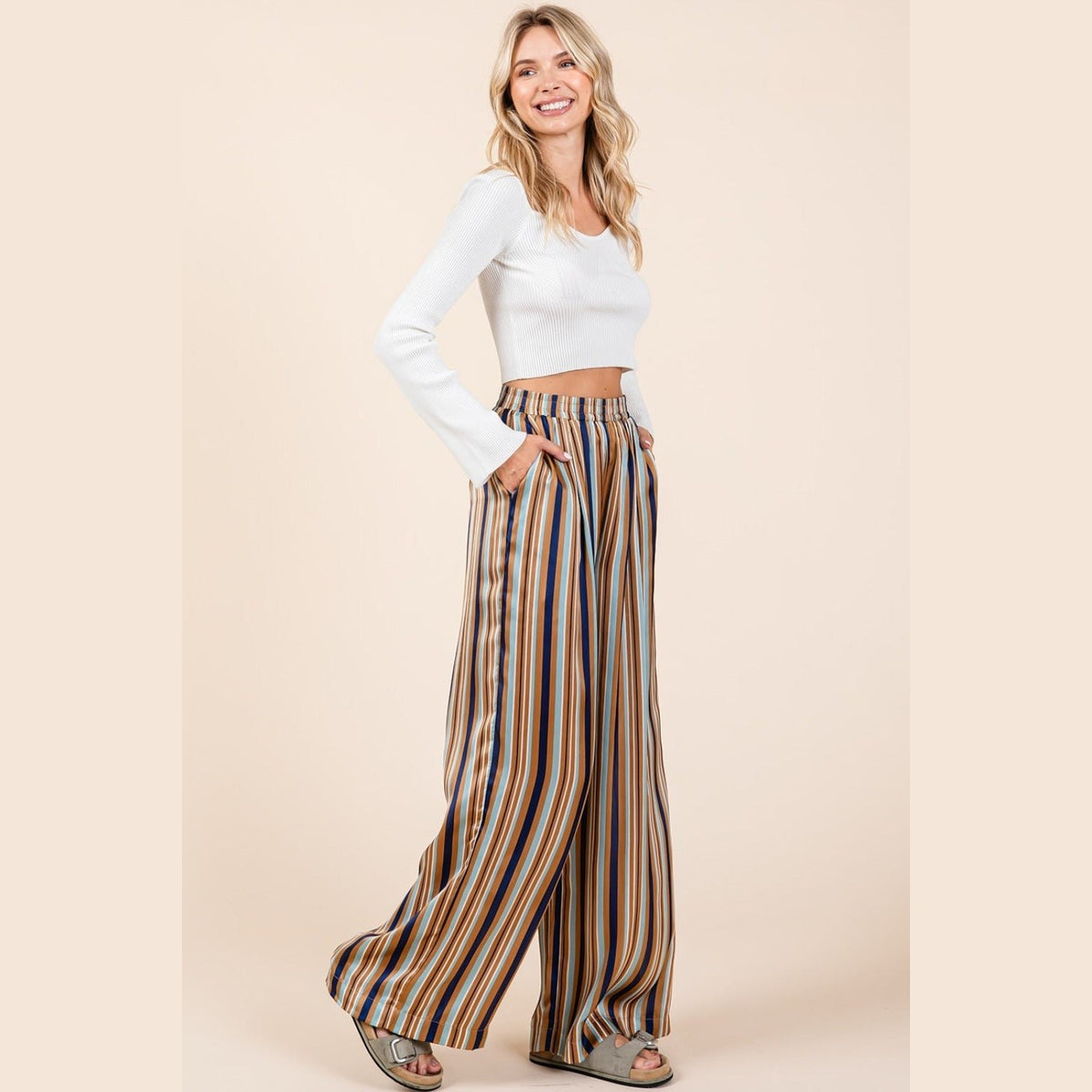 Mittoshop Striped Satin Elastic Waist Wide Leg Pants