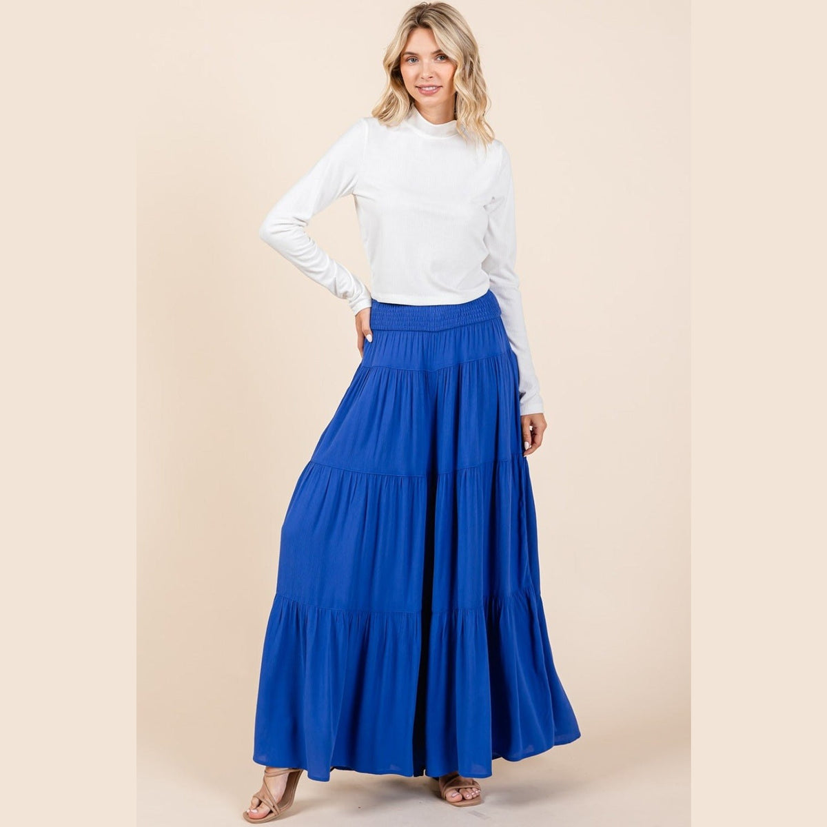 Mittoshop Tier Detail Smocked Elastic Waist Wide Leg Pants