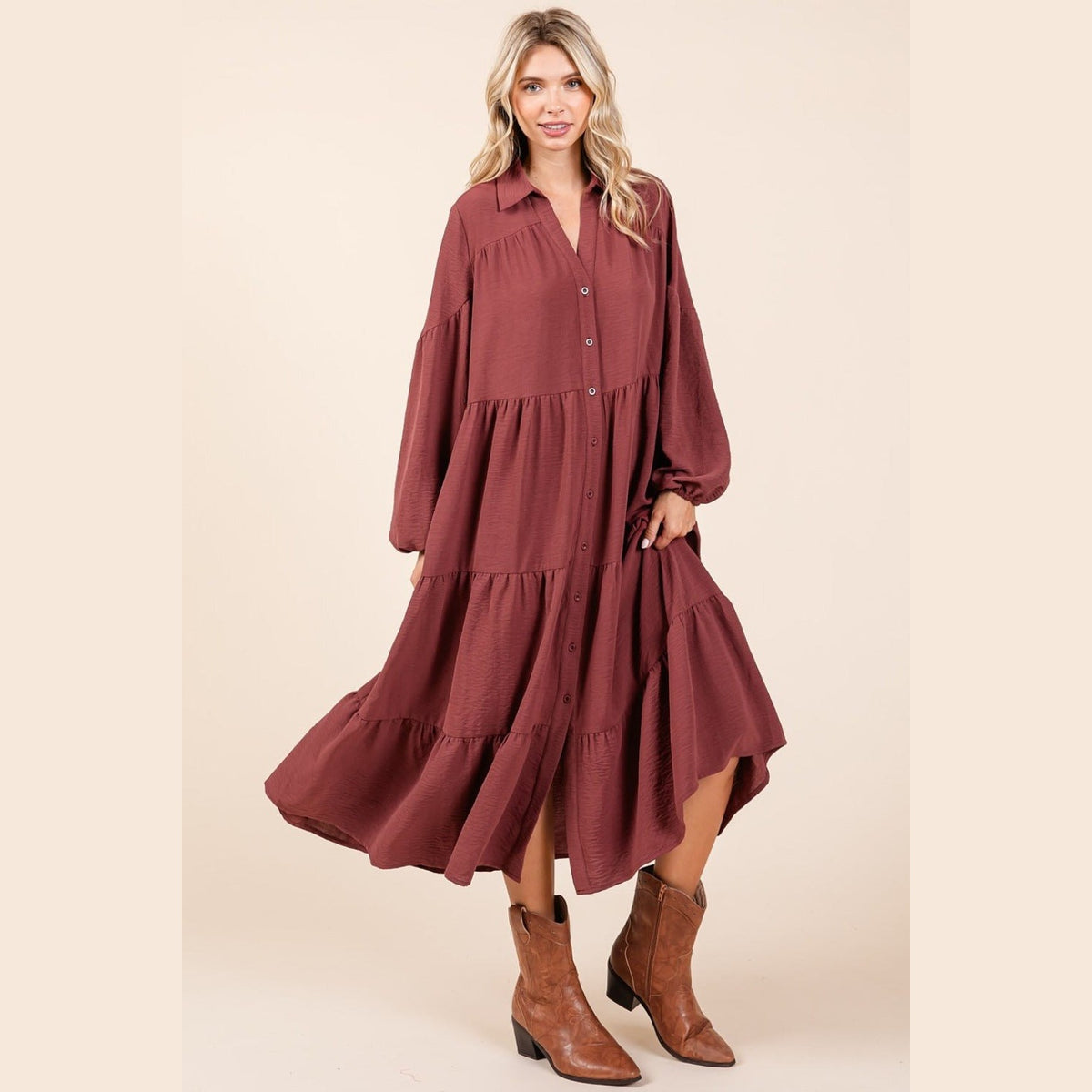 Mittoshop Tiered Button Down Long Sleeve Midi Dress