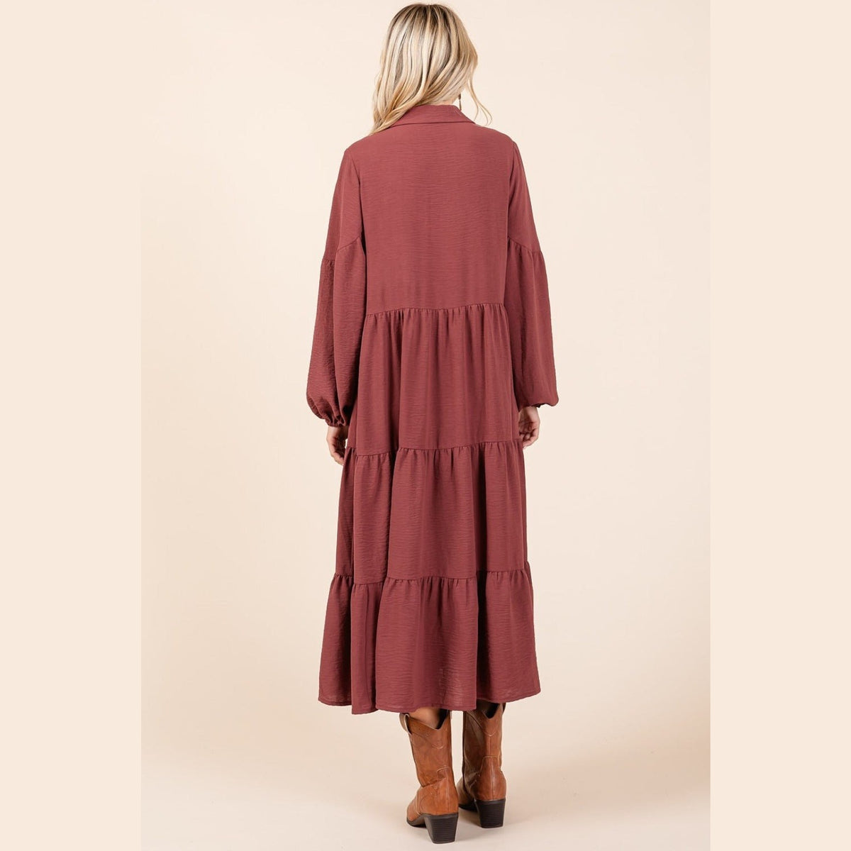 Mittoshop Tiered Button Down Long Sleeve Midi Dress