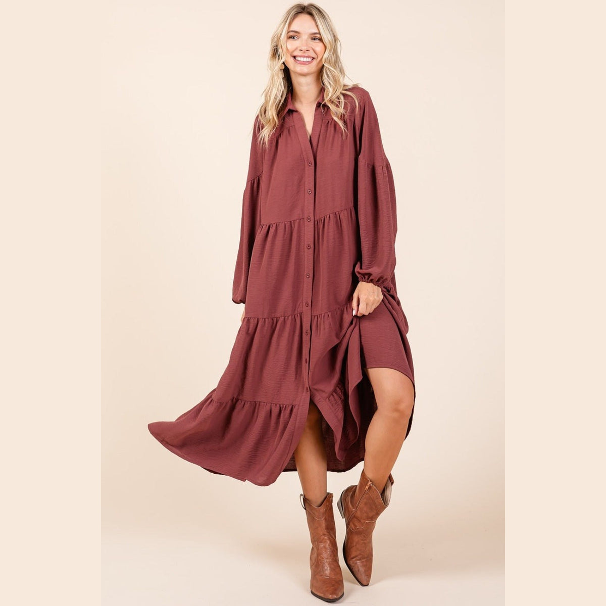 Mittoshop Tiered Button Down Long Sleeve Midi Dress