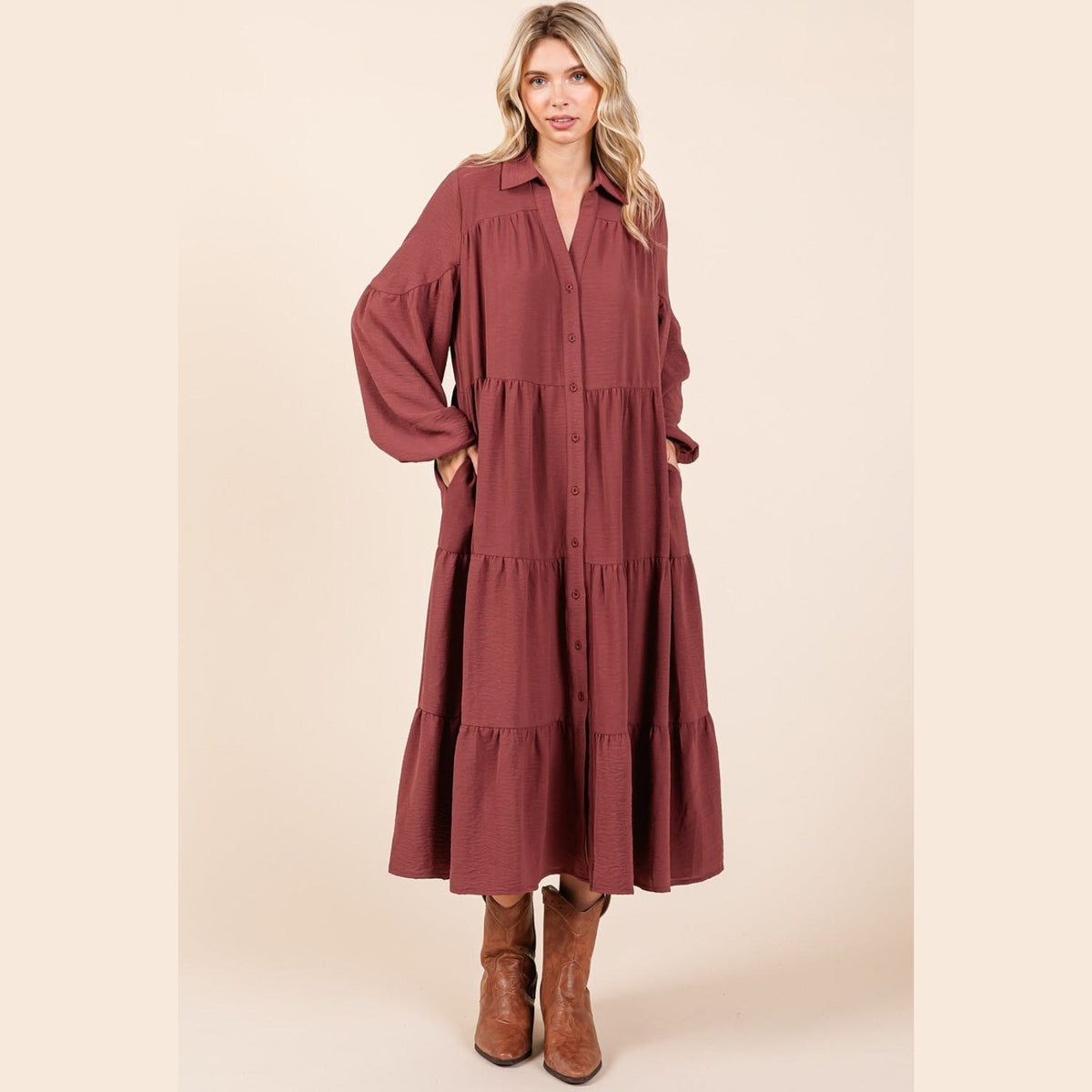 Mittoshop Tiered Button Down Long Sleeve Midi Dress