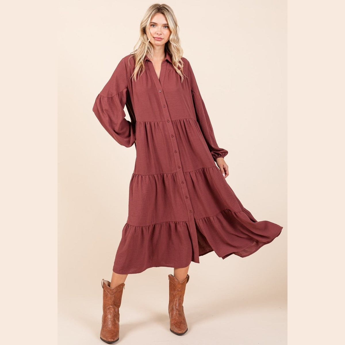 Mittoshop Tiered Button Down Long Sleeve Midi Dress