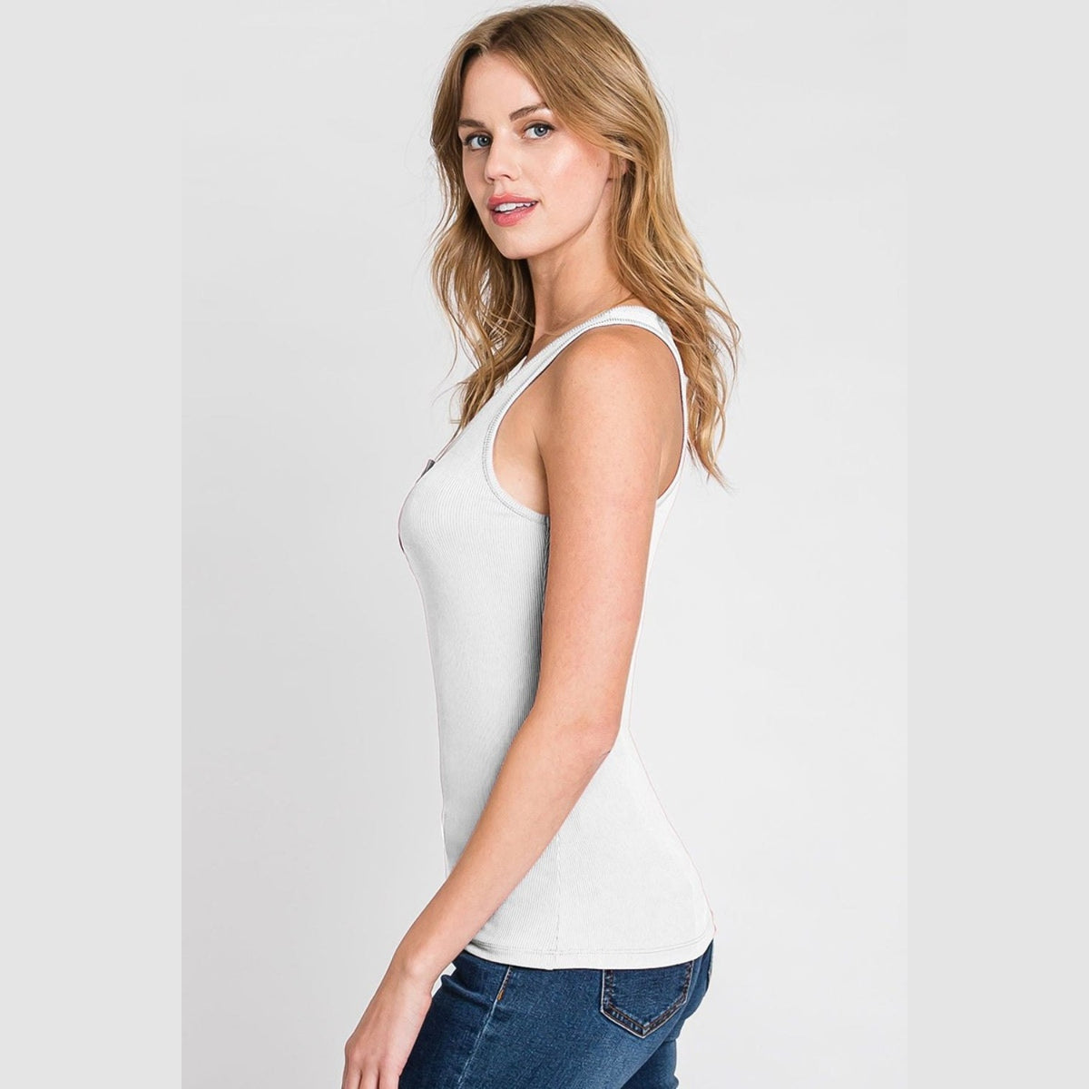 Ninexis Front Button Ribbed Round Neck Tank