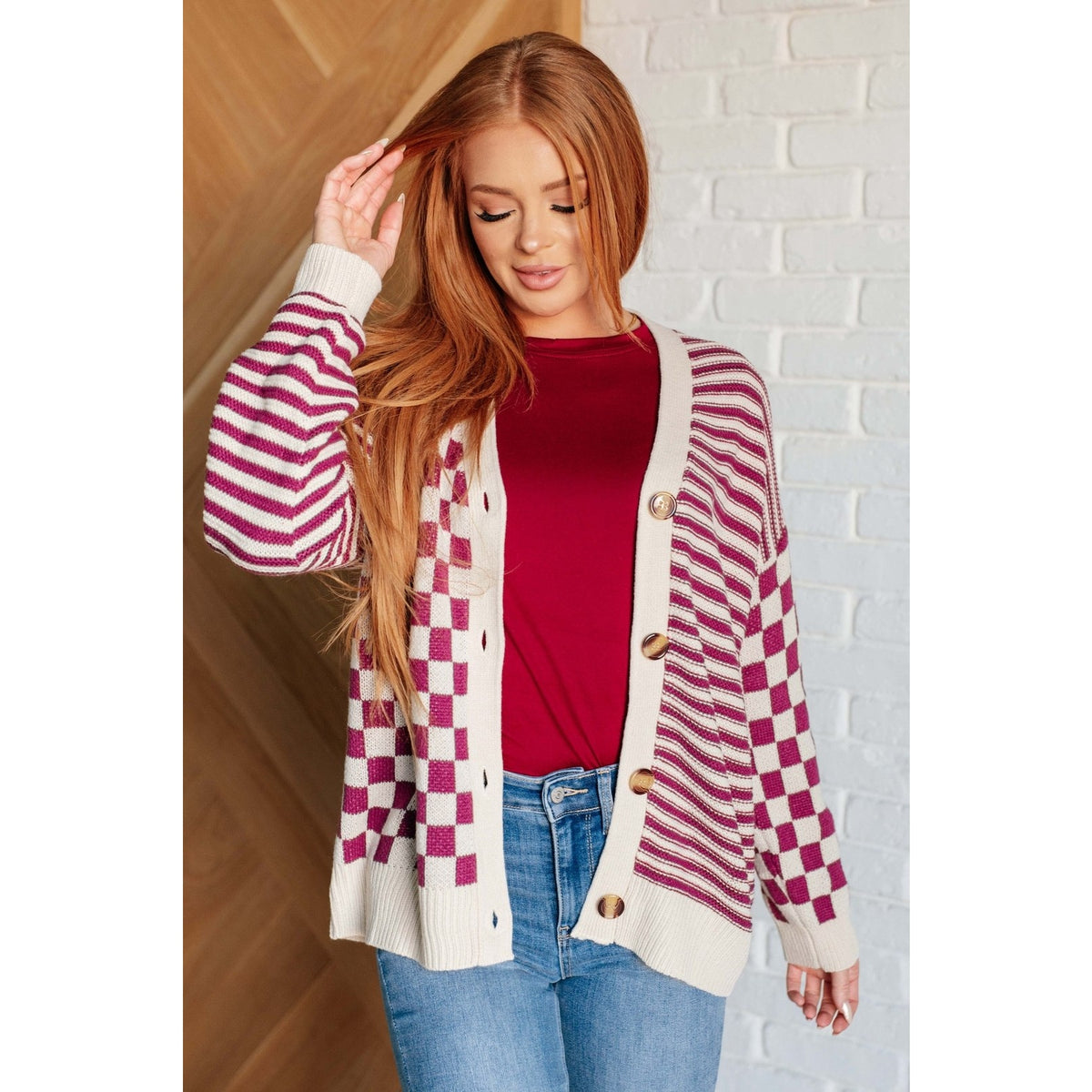 No Brainer Button Down Sweater Knit Cardigan in Magenta/Oatmeal