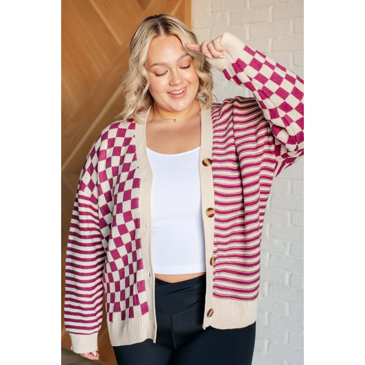 No Brainer Button Down Sweater Knit Cardigan in Magenta/Oatmeal