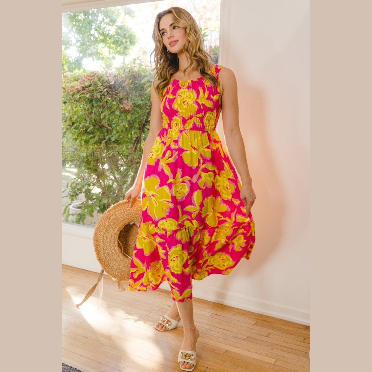 ODDI Full Size Floral Smocked Ruffled Midi Dress