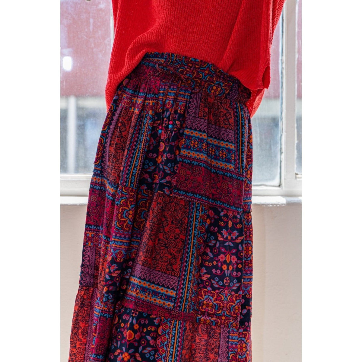 ODDI Full Size Printed Tiered Maxi Skirt