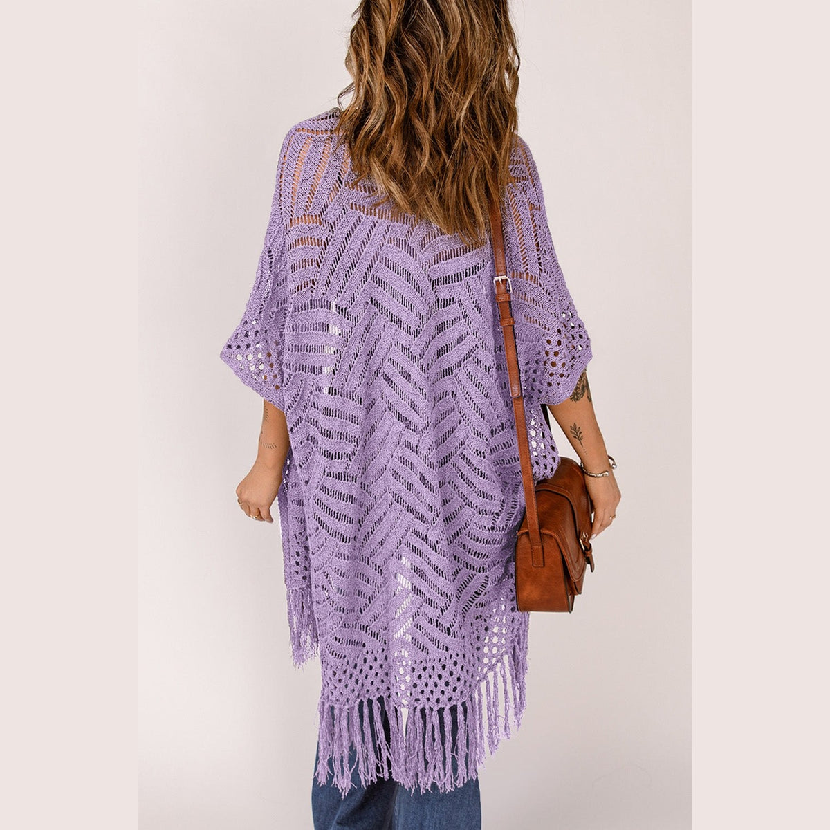 Openwork Open Front Cardigan with Fringes