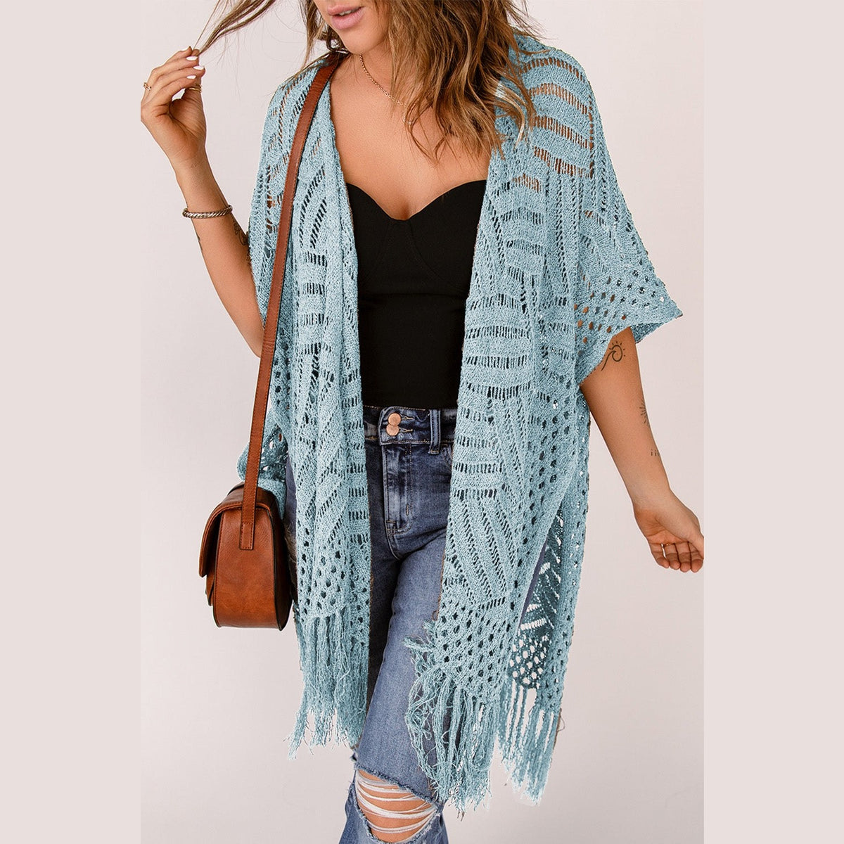 Openwork Open Front Cardigan with Fringes