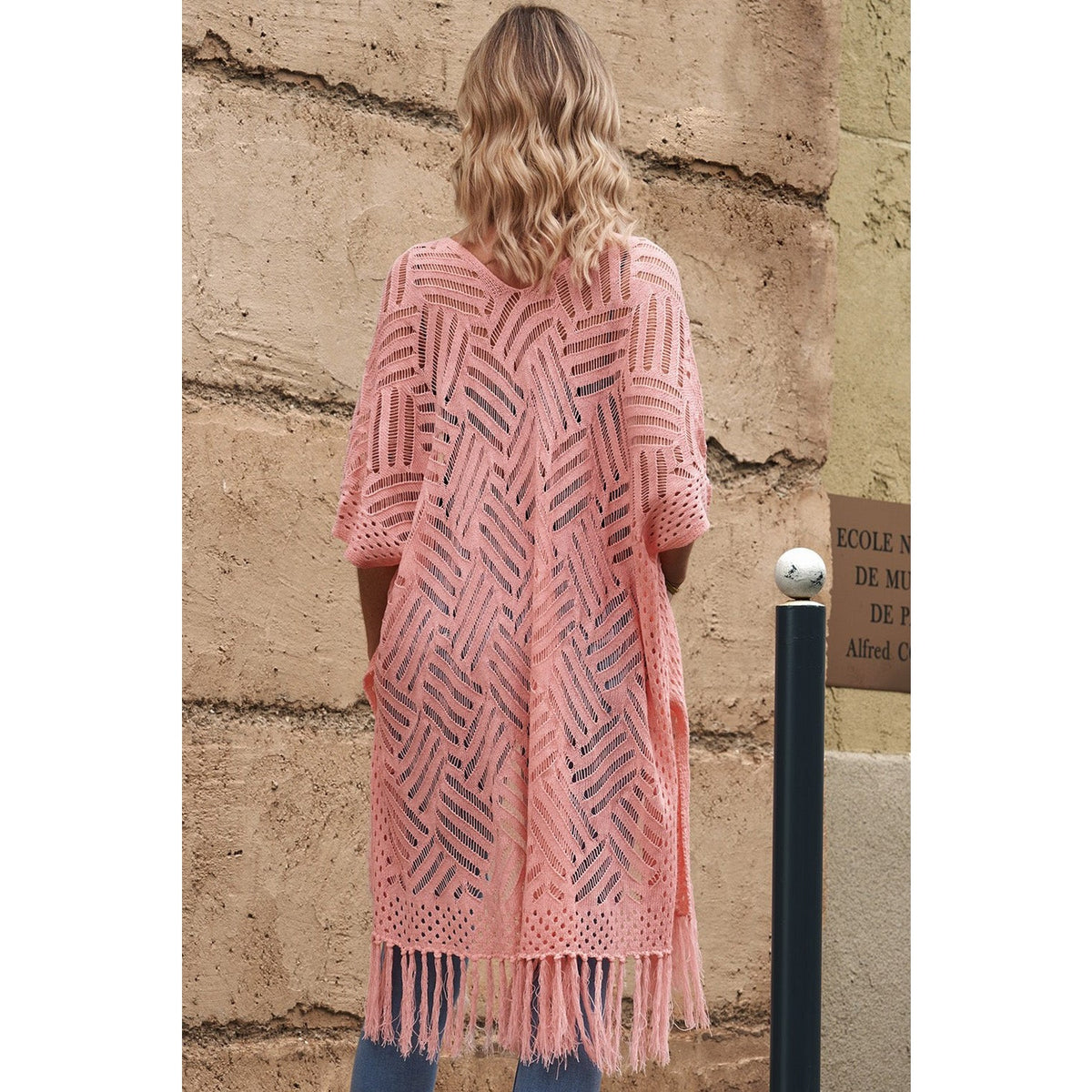 Openwork Open Front Cardigan with Fringes