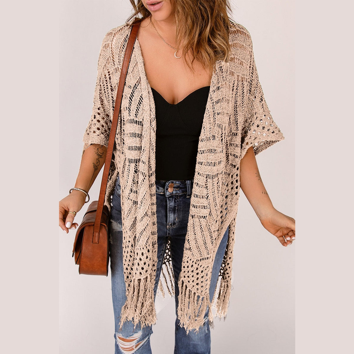 Openwork Open Front Cardigan with Fringes