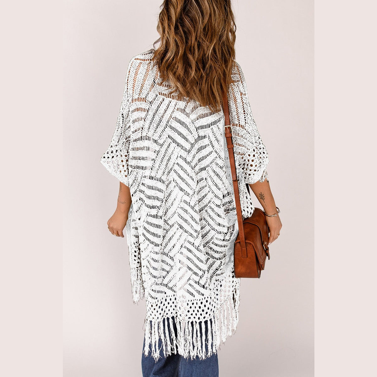 Openwork Open Front Cardigan with Fringes